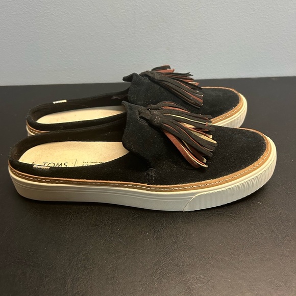 TOMS Black Suede Slip-Ons with Multicolor Tassels - Picture 4 of 5